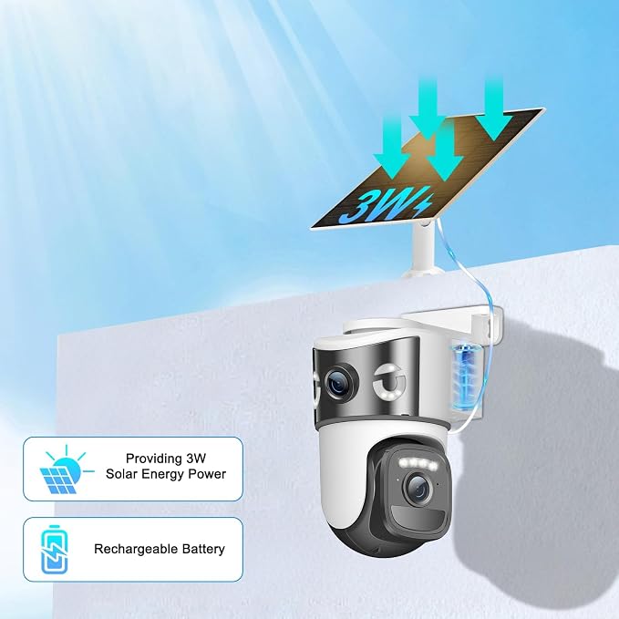 8MP 4K Solar Security Camera Outdoor, Dual Lens Wireless WiFi PTZ Camera, 360° Pan 90° Tilt, Color Night Vision, Auto Human Tracking, Two-Way Audio, IP66 Weatherproof Home Surveillance Camera