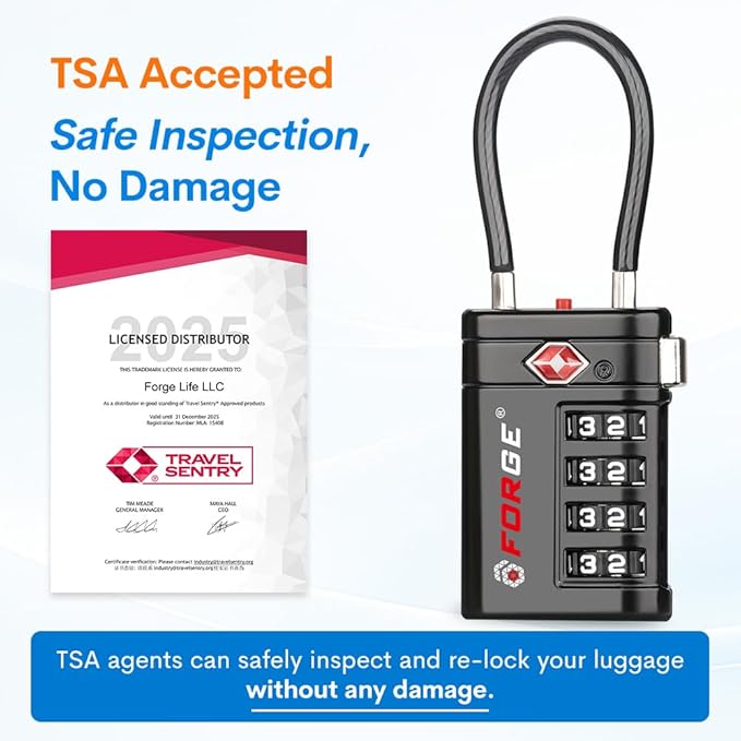 Forge TSA Approved Luggage Locks 4 Digit Combination TSA Travel Locks with TSA008, Open Alert Indicator, Zinc Alloy Body for Luggage, Suitcase, Backpack, and More. 4 Locks.