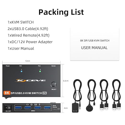 KCEVE KVM Switch 2 Computer 1 Monitor Displayport 4K@240Hz 8K@60Hz, USB 3.0 KVM Switch Displayport 2.1 for 2 PC Share 4 USB Devices Keyboard Mouse,Wired Remote(8K DP 2 in 1 Out KVM)