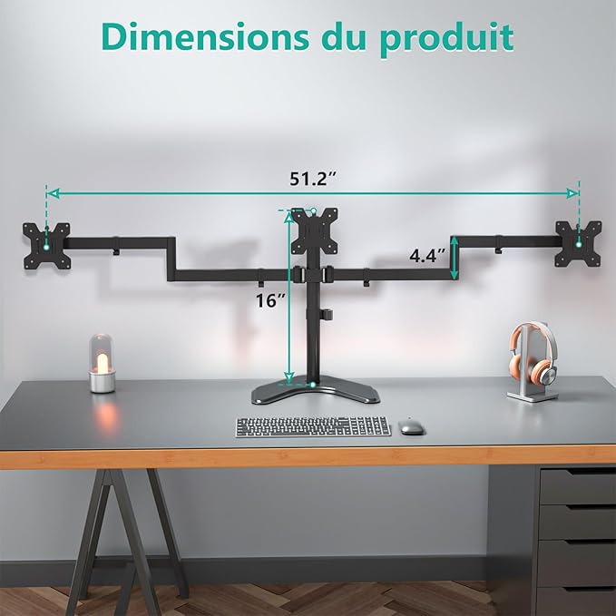 WALI Triple Monitor Stand, Free Standing Three LCD Monitor Fully Adjustable Desk Mount Fits 3 Screens up to 27 inch, 22 lbs Weight Capacity per Arm (MF003), Black