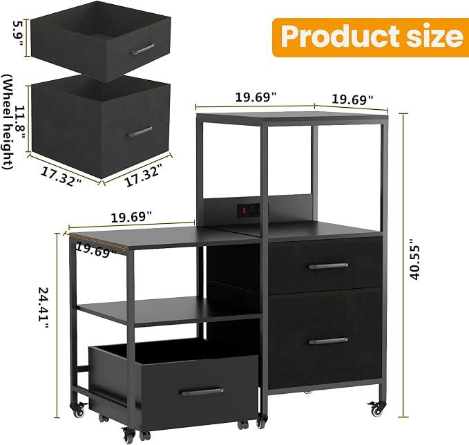 Mini Fridge Stand with Rolling Basket Cart, 300 lb Load Capacity Storage Rack with 3 Drawers and Lockable Wheels – Rustic Brown and Black Cabinet with Fabric Drawers, Ideal for Dorms, Apartments, Home