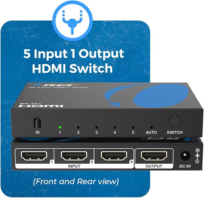 OREI 8K HDMI Switch 5 in 1 Out – HDMI 2.1 Switcher 4K 120Hz, 48Gbps 8K@60Hz, 5 Port HDMI Switch with Remote, HDR10+, VRR, ALLM, QFT, CEC for PS5 Xbox Roku Fire TV