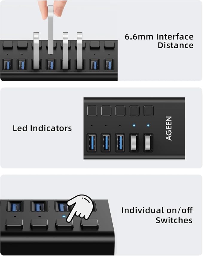 AGEEN 10-Port USB 3.2 Gen 2 Hub, 10Gbps High-Speed Aluminum Powered Hub with 48W Adapter, Individual Switches & Surge Protection for PC/Laptop, Flash Drive, Printer, Camera