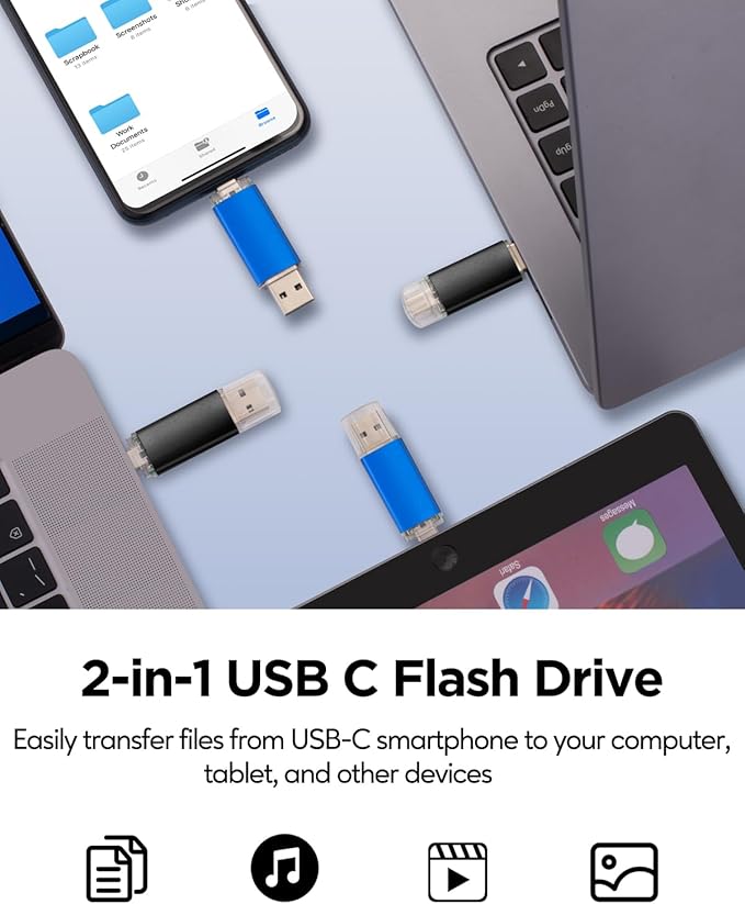 AreTop 4GB USB C Thumb Drive USB 2.0 Dual Flash Drive 2-in-1 Portable Type-C Memory Stick Compatible with iPhone 16/15, Android Smartphone, Computers, MacBook, Tablets, PC, 2 Pack, (Black & Blue)