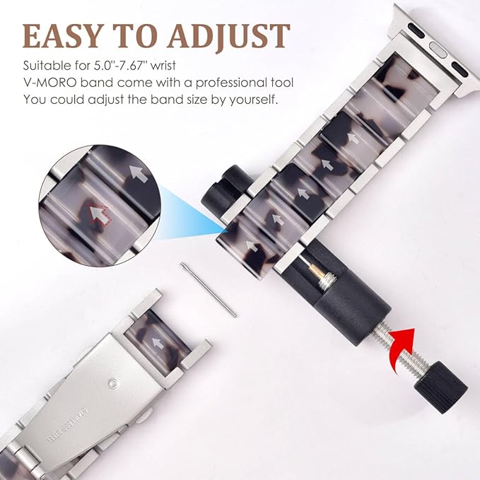 V-MORO Compatible with Apple Watch Band 41mm 42mm 40mm 38mm Series 11/10/9/8 Fashion Strap Women,Stainless Steel Resin Band Bracelet Replacement for iWatch Ultra/SE/7/6/5/4/3/2/1-Black Floral+Starlight