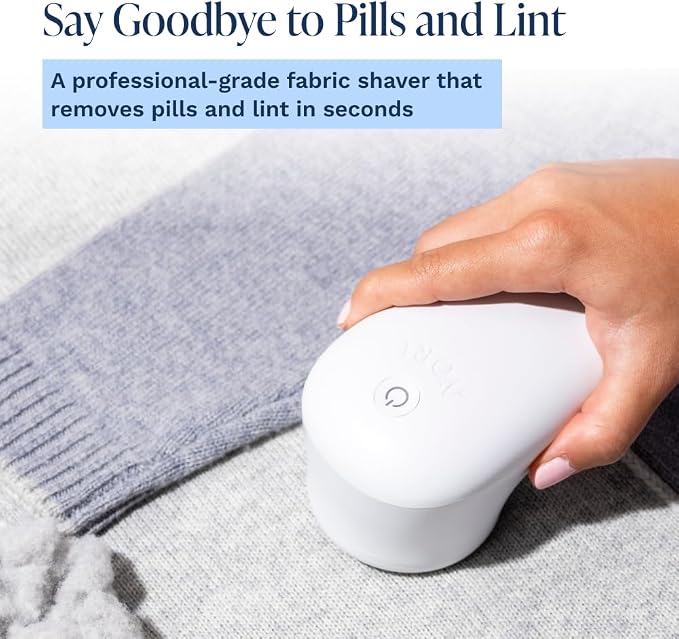 Nori Trim Fabric Shaver - Lint Remover for Clothes & Furniture Couch Pilling - Sweater Pill Remover - Clothes Shaver with 6 Precision Blades - Wireless and Rechargeable - White