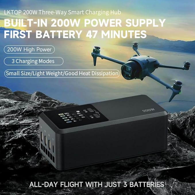 LKTOP 200W Mavic4 Pro Battery Charging Hub with Stickers, Super Fast Charger Kit for DJI Mavic 4 Pro Drone, with Storage/Silent/Output Mode, LCD Display (Parallel Charge 3 Batteries: 1hr 30min)