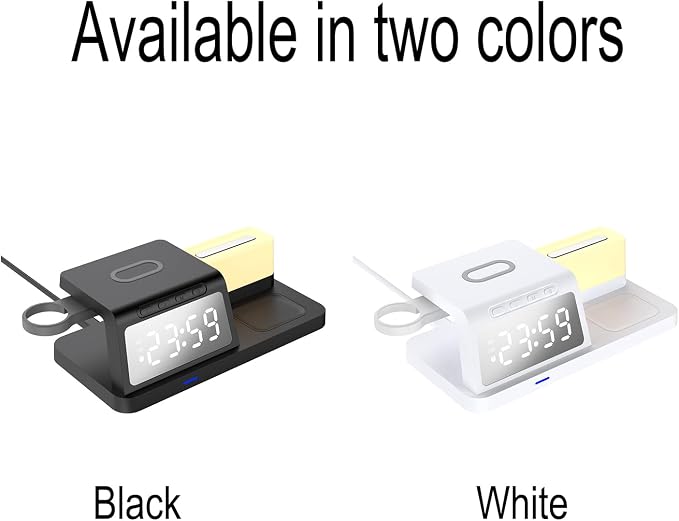 3-in-1 Wireless Charging Station with Digital Clock & Night Light, 15W Fast Qi-Certified Charger for Phones, Smartwatches & Earbuds | Charges 3 Devices Simultaneously, HT309 Black.