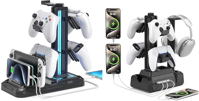 KDD Headset Controller Stand with USB A&C Charger Ports & Charging Station for Multiple Devices with Controller Headset Stand