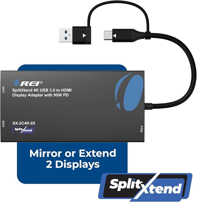 OREI SplitExtend 4K HDMI Splitter Extended Display for Dual Monitor - Multi-Monitor Display 3 Separate Screens - USB A & USB-C Adapter to HDMI 2.0, 4K@60hz, 90W PD Charger, DisplayLink MacOS, Windows