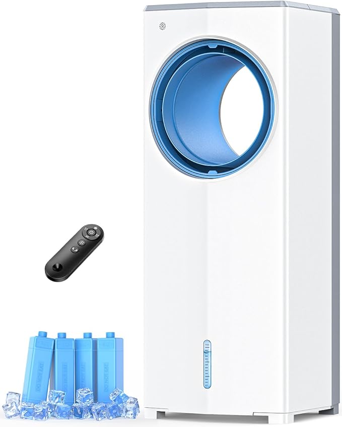 Windowless Air Conditioner, 27" Bladeless Evaporative Air Cooler with 4 Modes & 3 Speeds, Double Tanks, 4 Ice Packs, 25FT Remote,7H Timer, Portable Swamp Cooler Air Conditioner No Window Needed