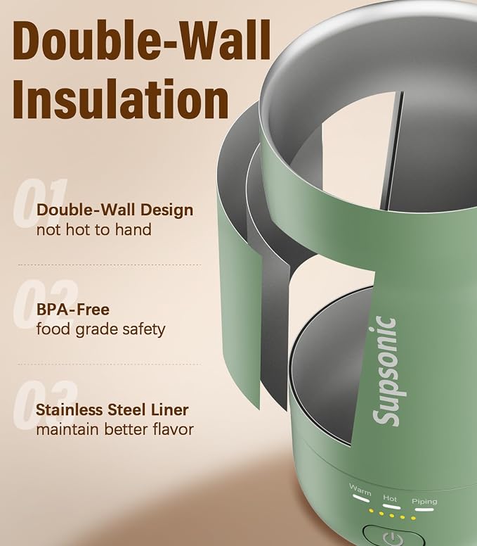 Supsonic - 14oz Heated Coffee Mug, Self-Heating Travel Mug with 3-Temp Settings, Insulated Stainless Steel Constant Temperature Heating Mug for Beverage, Smart Heating Portable Coffee Mug | S1