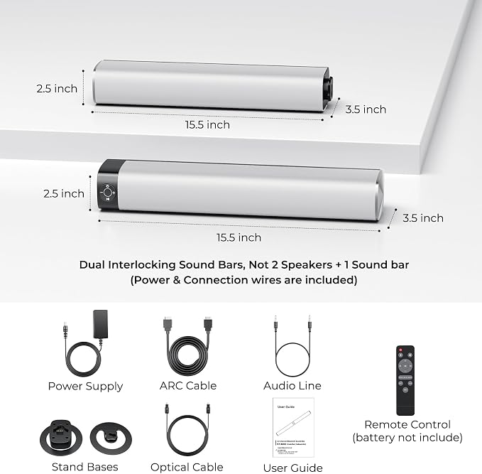 Sound Bar for Smart TV, 80W Soundbar with Bluetooth/ARC/Opt/AUX Connect, Dynamic Volume Boost, 3 Equalizer Modes, 2 in 1 Detachable Soundbar for TV/PC/Gaming/Projectors