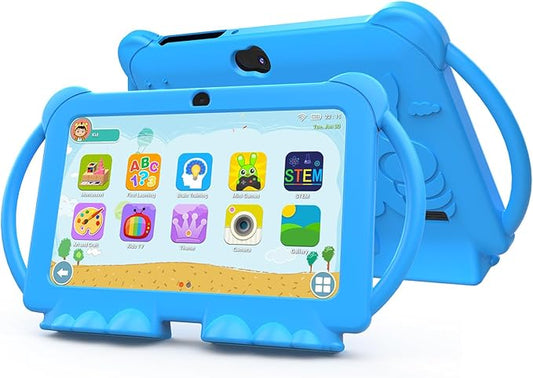 Android 14 Kids Tablet, 7 inch Tablet for Kids, 4GB RAM 32GB ROM Toddler Tableta with Case, Quad-core Processor, 1024*600 IPS Screen, Parental Control, Dual Camera, IWAWA APP Children Tableta for Boys