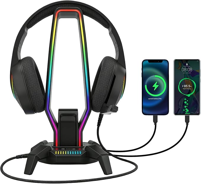 MARVO RGB Headphone Stand Data Transmission, 9 Lights Mode Headset Holder with 1 USB-C & 3 USB Ports & 1 3.5mm Jack Port, Ultimate Gaming Accessories for Gamers for PS, Xbox, PC