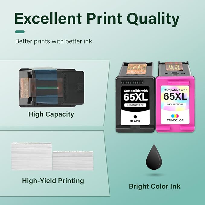 65XL 65 Ink Cartridges Black/Color Combo Pack DeskJet 3755 Envy 5055 Replacement for HP65 XL Black and Color for HP Envy 5052 5000 DeskJet 3772 3700 2600 3752 Printer (Black Tri-Color)