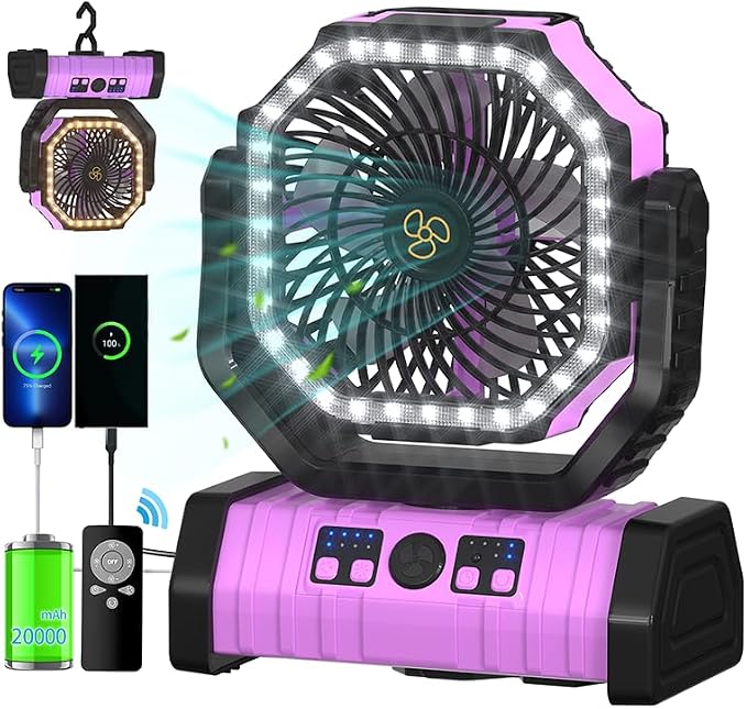 ADUST Camping Battery Operated Powered Fan with LED Lantern Light Portable 20000mAh Rechargeable Oscillating Fan with 360° Rotation Hanging Hook for Tents, Cordless USB Desk Fan(Pink)