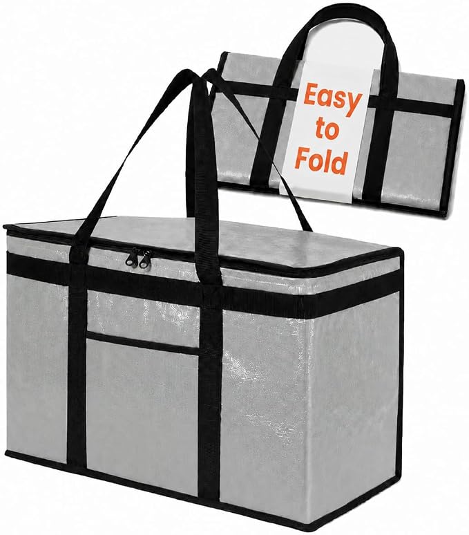 NZ home Insulated Bags for Food Delivery (2XL PRO) Grocery Shopping Cooler Bag, Pizza Delivery, Hot & Cold Catering Tote, Reusable, Foldable & Heavy Duty (Gray)