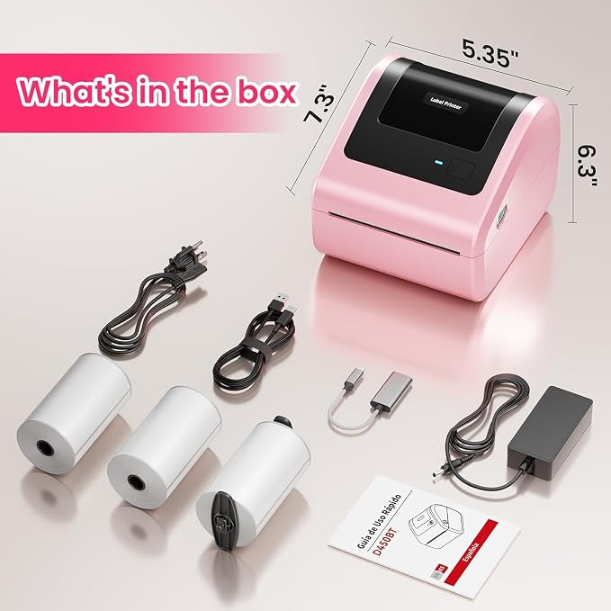 Bluetooth Shipping Label Printer with 3 Roll Labels, D450BT Pink Thermal Label Printer 4x6 for Small Business, Thermal Printers Come with 750PCS 4x6‬ White Labels (250 Labels/Roll)