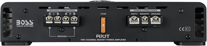 BOSS Audio Systems R4002 Riot Series Car Audio Stereo Amplifier – 800 High Output, 2 Channel, Class A/B, 2/4 Ohm, Low/High Level Inputs, High/Low Pass Crossover, Full Range, Bridgeable, Subwoofer