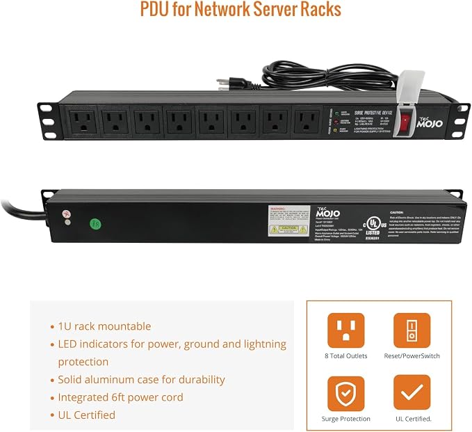 Tecmojo 1U Rack-Mount Horizontal 8-Outlet PDU, UL Listed PDU with Surge Protection LED Indicators 6ft Cord Power Distribution for IT and Network Server Racks