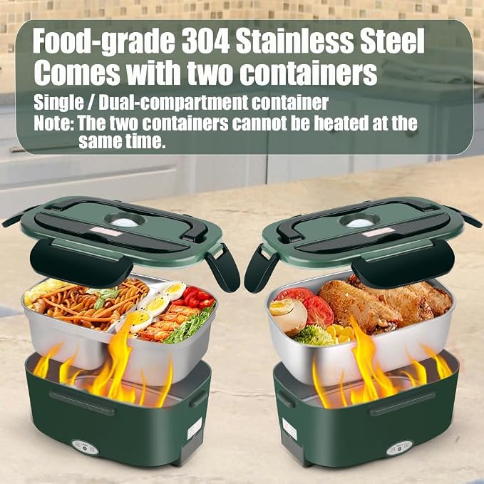 Electric Lunch Box for Adults - 1.5L Single/Double Layer Stainless Steel Food Warmer - 80W Fast PTC Heated Lunchbox, 12V/24V/110V Portable Food Heater for Car&Truck, Office, Camping, Travel(Green)