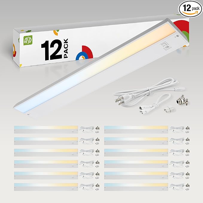 ASD LED Under Cabinet Lighting 32 Inch, Dimmable, Hardwired or Plug-in Installation, 3 Color Levels- 2700K/3000K/4000K, Linkable Kitchen Under Counter Lighting, ETL & Energy Star, White, 12 Pack