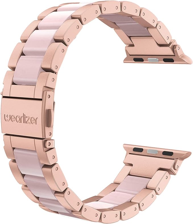 Wearlizer Compatible with Apple Watch Bands 38/40/41/42mm Women Wristband Stainless Steel & Pink Resin Stylish Metal Sleek Bracelet for iWatch Series 11 10 9 8 7 6 5 4 3 SE/Ultra 3 2 1