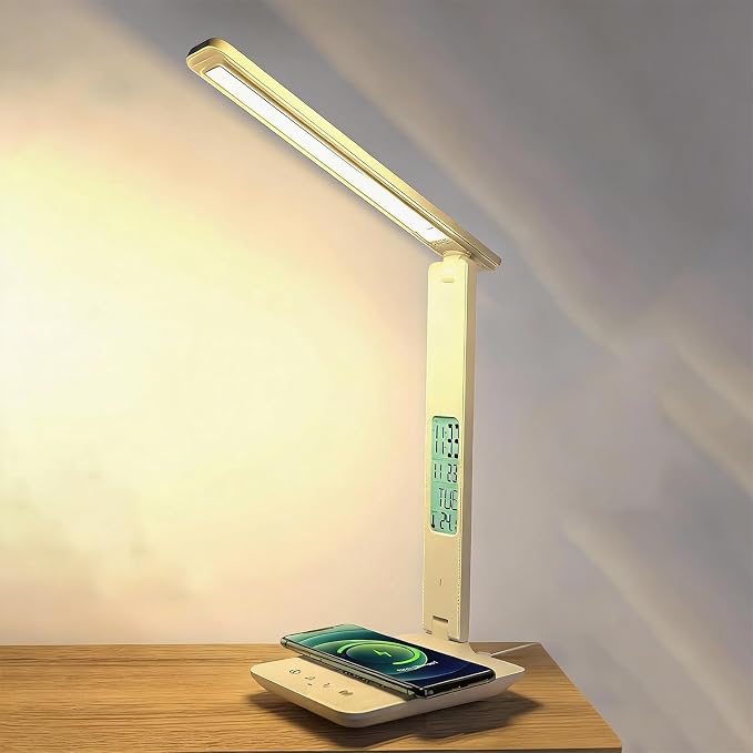 Smart Alarm Clock Lamp with Transparent Display,Wireless Charger Station,Dimmable Table Lamp with 3 Color Modes 5 Brightness,180° Flexible Desk Light for Bedroom,T26 White.