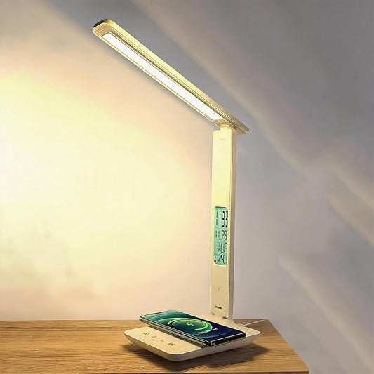Smart Alarm Clock Lamp with Transparent Display,Wireless Charger Station,Dimmable Table Lamp with 3 Color Modes 5 Brightness,180° Flexible Desk Light for Bedroom,T26 White.