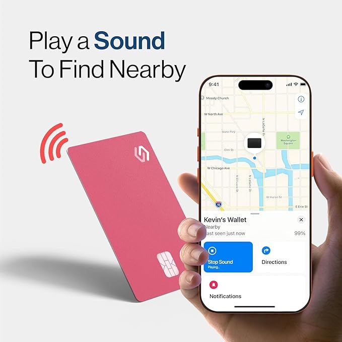 SPOTMINDERS Apple MFi Certified Credit Card Wallet Tracker PRO Pink (iOS Only) Travel Essentials for Women Works with Apple Find My Rechargeable Tracking Card IP68 0.07in Slim Item Finder for Passport