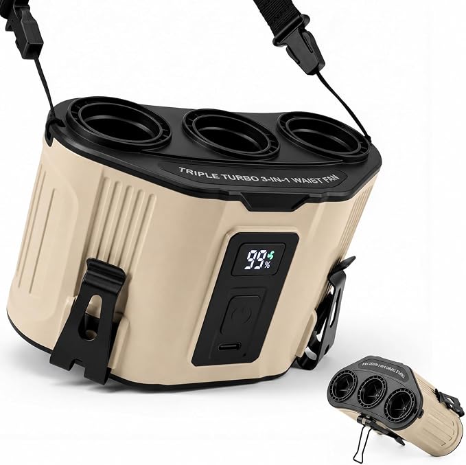 Portable Personal Fan: 3-Motor Hands-Free Waist Fan with 12,000mAh Battery & 5-Speed Airflow – Powerful Cooling for Construction Sites, Camping, Hiking & Travel-Belt Fan-Brown