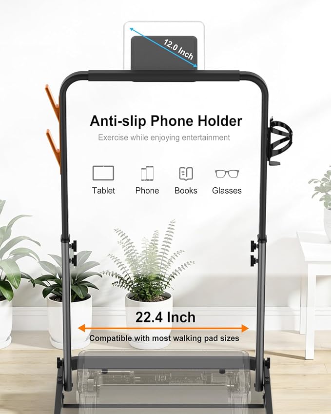 Walking Pad Handle Bar Attachment Only, Compatible with Walking Pads 22.4" Wide, Adjustable Treadmill Handrail with Phone/Cup Holder & Towel Hooks, Overbold Stable, Easy Assembly, Black