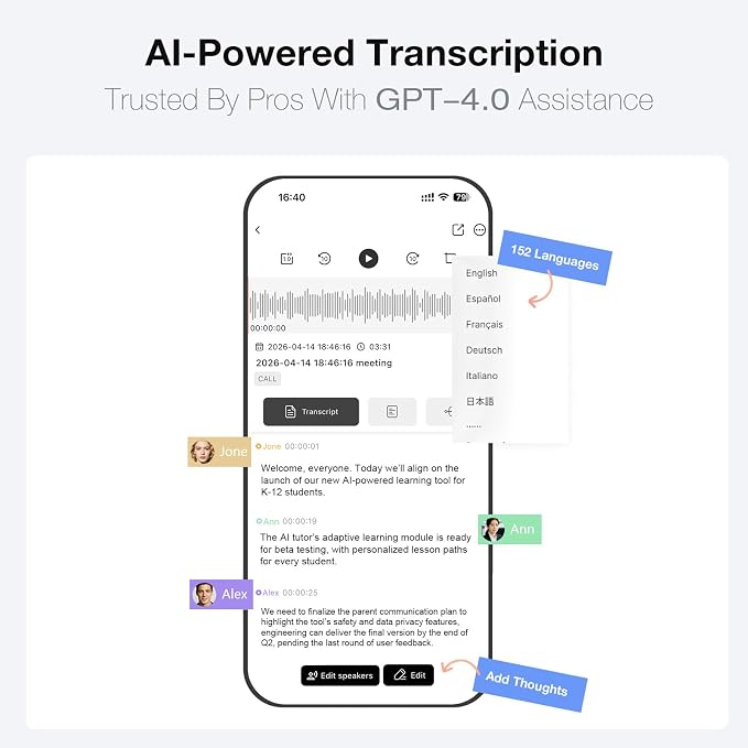 AI Voice Recorder, Transcribe & Summarize with AI Technology, App Control, 64GB Voice Recorder for Meetings & Calls, Supports 152 Languages, Ultra-Slim Recorder, Case Included, Gray