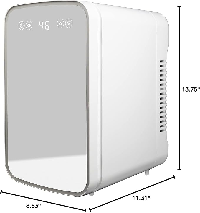 Danby DBMR02624WD43 7.4L Mini Fridge with Mirror & Light in White LED light digital display touch activated 7.4 L / 0.26 cu.ft. capacity