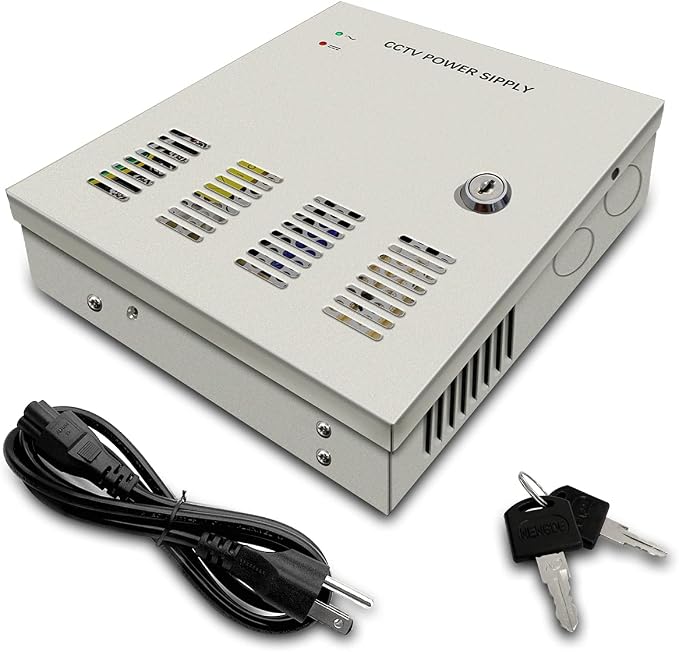 18 Channel 12 Volt DC Output 10A CCTV Distributed Power Supply Box for Security Camera with AC Plug and Lock for Security Cameras, DVRs, CCTV Power Supply (10A 18-Channel)