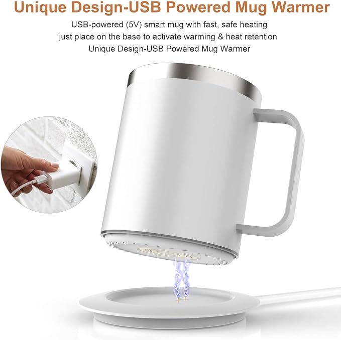 Self Heating Coffee Mug Warmer, 12oz Smart Mug Automatic Shut Off, USB Rechargeable Heated Coffee Mug with Lid for Travel/Office/Home