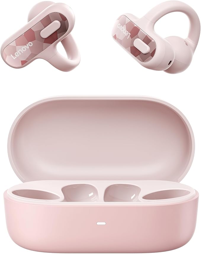 Lenovo Open Ear Clip On Earbuds X500 Bluetooth 6.0 Wireless Earbuds with 11 mm Drivers, Open Ear Ergonomic Design, Dual Device Connectivity, Built in Mic, Fast Charge, Pink