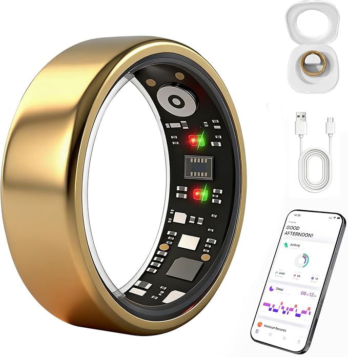 Smart Ring for Women Men, Health Fitness Ring Gen 3 with Free App No Subscription Fee, Stress & Sleep Monitor, Heart Rate & Step Tracker, IP68 Waterproof, Android/iOS Compatible (Gold,13)