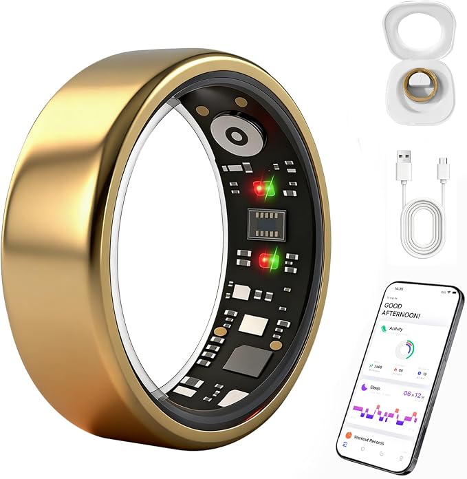 Smart Ring for Women Men, Health Fitness Ring Gen 3 with Free App No Subscription Fee, Stress & Sleep Monitor, Heart Rate & Step Tracker, IP68 Waterproof, Android/iOS Compatible (Gold,10)