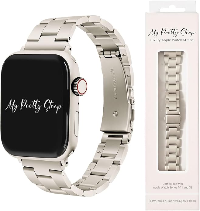 My Pretty Strap - Compatible Apple Watch Band Strap, Stainless Steel Fashion iWatch Replacement Strap- Easy Resizing, No Tool Needed, Fits Most Wrists- Compatible with Series 1-11, SE and Ultra
