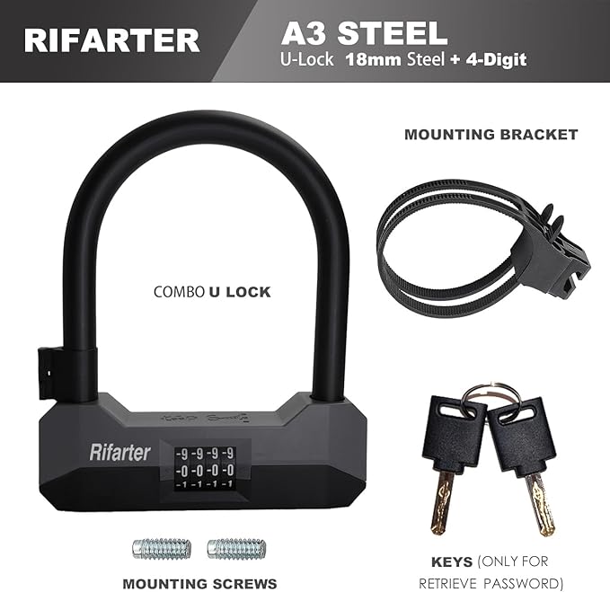 Bike Locks Heavy Duty Anti Theft, 18mm Bike Lock U Lock Combination with 5Ft Steel Cable, 4-Digit Resettable Combo Bike U Lock with Mounting Bracket for Bicycles, Scooter, Moped, Ebikes