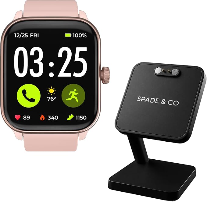 Spade & Co Health Smartwatch 4 Bundle with Charging Dock – Heart Rate, Sleep & SpO2 Monitor, Pedometer, 10+ Day Battery, Answer/Make Calls, IP68 Waterproof, iOS & Android – Rose Gold