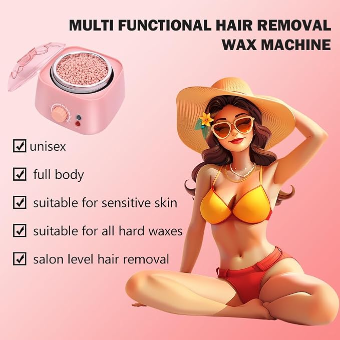 Wax Warmer Kit for Sensitive Skin - Professional Hard Wax Beans Kit with Silicone Liner, Gloves & Storage Bag, BPA-Free & Dermatologist Tested for Face, Bikini Line, Legs & Full Body (PINK)