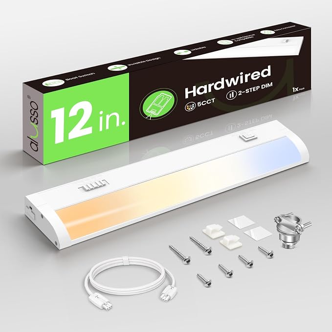 ALUSSO 12 Inch LED Under Cabinet Lighting Hardwired 120V, 5CCT Color Selectable 2700K-5000K Dimmable 6W 480LM High Brightness, CRI 90+ Strip Linkable Under Counter Lights for Kitchen Sink, 1 Pack