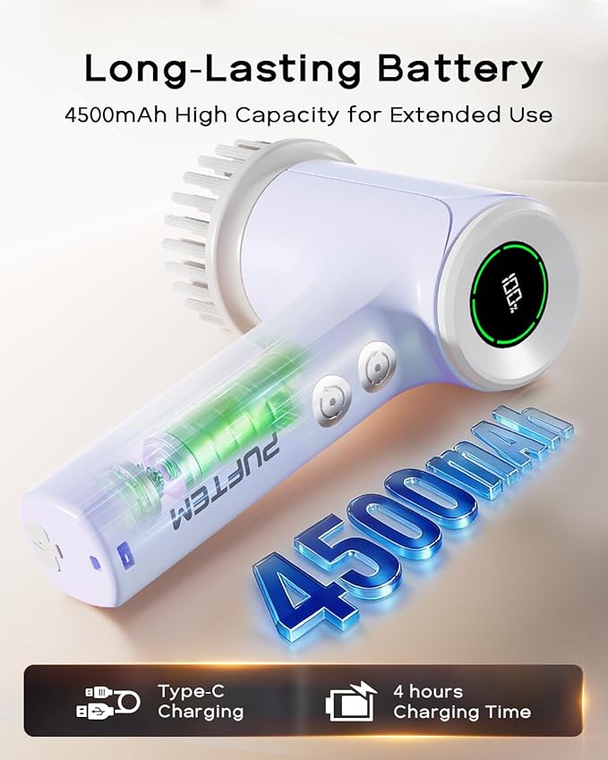 PUFTEM Shower Scrubber, Electric Spin Scrubber for Bathroom Cleaning – Cordless Shower Cleaner Brush with 6 Brush Heads, Dual-Direction Rotation for Grout, Tile, Tub, Sink & Corners, Purple