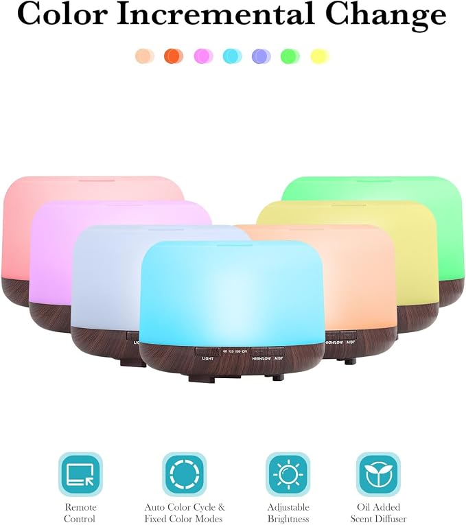 Essential Oil Diffuser 500ml-Humidifier,Aroma Diffuser for Home with 7 Colors Light,Remote Control Air Diffuser for Large Room,Bedroom,Office(Light Wood)