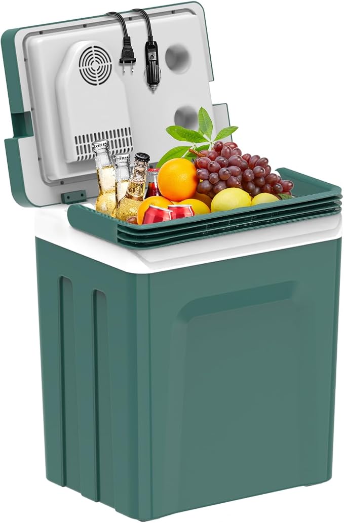 Electric Cooler & Warmer with Handle 26.5 Quart/25L Portable Thermoelectric Fridge for Vehicles & Trucks with 110V AC & 12V DC, 12V Car Cooler for Camping, Travel Army Green