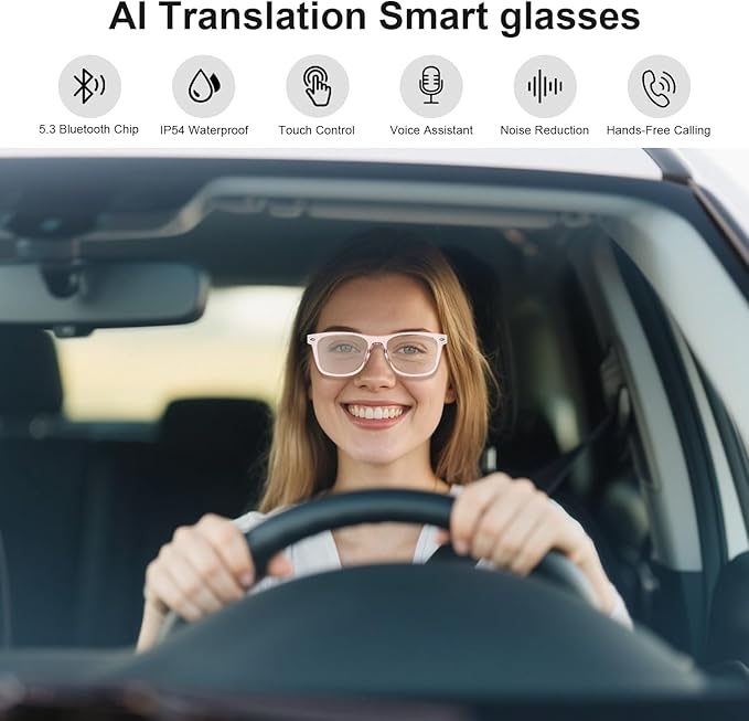 AI Smart Glasses Powered By GPT, Support 165+ Languages Real-Time Translation, Speakers & Audio Call Translator, AI Object Recognition, Noise Reduction, Smart Bluetooth Glasses for Men & Women(Black)