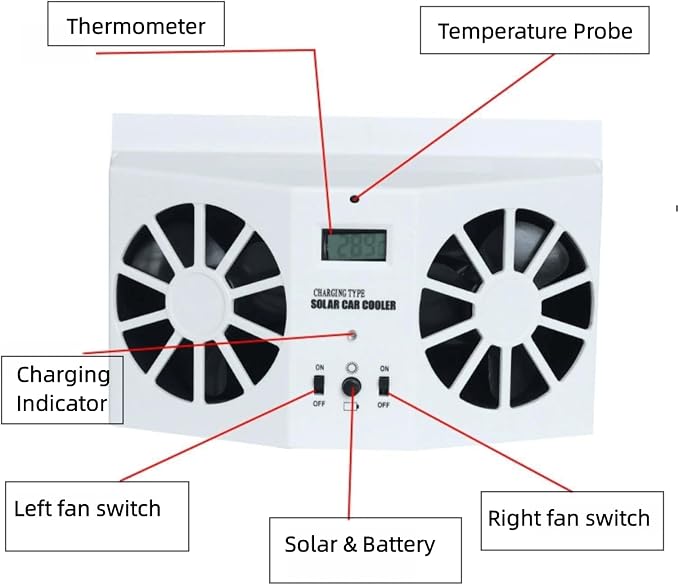 Solar Powered Car Fan, Window Exhaust, Air Vent Radiator, Energy Cooling for Car Backseat or Frontseat, Vehicle Ventilation Fan, White